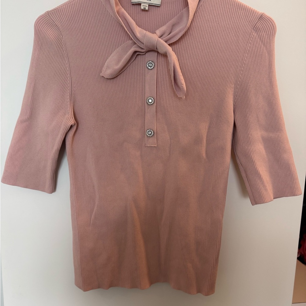Pink Ribbed Women's Top with Bow Detail